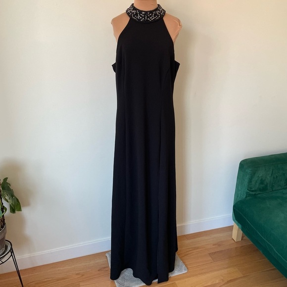 Badgley Mischka Alyssa Embellished Halter Sleeveless Crepe Side Slit Gown Sz 10 - Picture 2 of 11